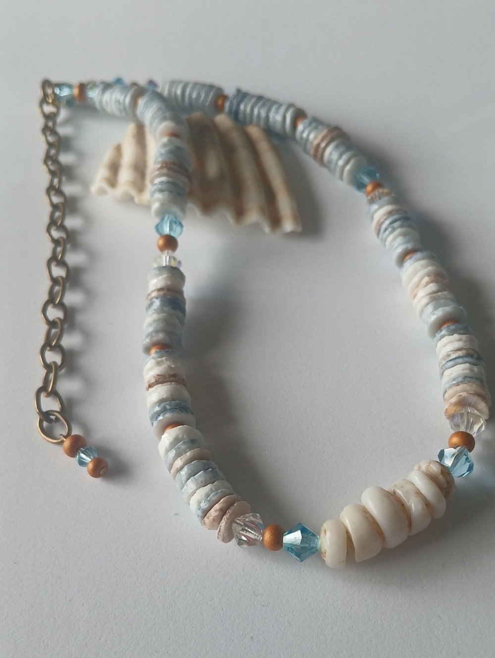 Puka Tiger Shell & Dyed Heishi Shells Necklace With Swarovski Crystal Accents